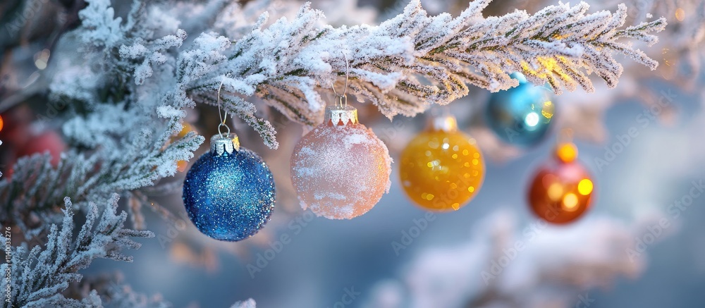 Poster frosted fir tree adorned with colorful christmas ornaments and sparkling garland creating a festive 