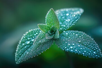 Close-up of dew-covered green leaves, showcasing nature's beauty and freshness.