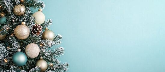 Decorative Christmas tree with ornaments against soft blue background ideal for seasonal promotions and holiday greetings