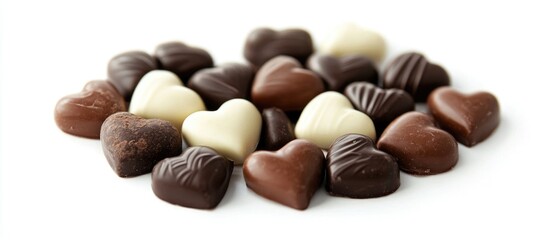 Assorted heart-shaped chocolates arranged on a clean white background ideal for Valentine's Day or gift-related themes.