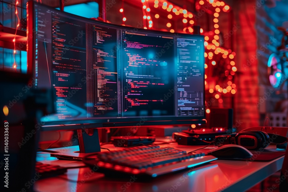 Poster a computer setup featuring monitors and keyboards, showcasing a modern workspace for enhanced produc