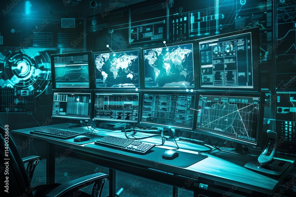 Poster a computer setup featuring multiple monitors and keyboards, showcasing a modern workspace for enhanc