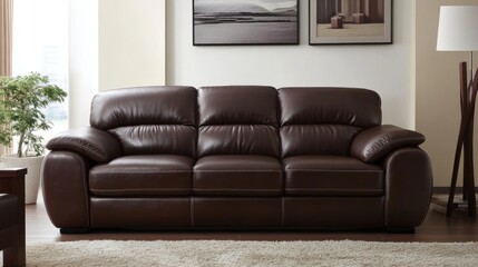 Contemporary living room featuring a brown leather sofa set against a cream wall, complemented by a soft rug and modern floor lamp.