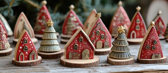 Fototapeta premium Charming wooden Christmas decorations in red and brown hues showcasing festive trees and houses on a rustic surface