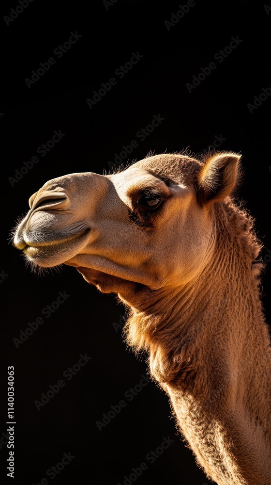 Poster a close-up of a camel's head against a dark background, showcasing its features.