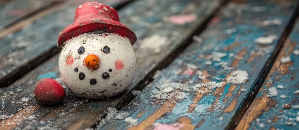 Poster close up of a whimsical snowman resting on a rustic wooden table adorned with snow and colorful pain