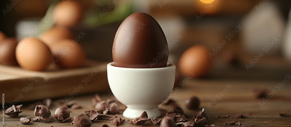 Poster chocolate egg elegantly displayed in a white egg cup with scattered cocoa pieces and natural eggs in