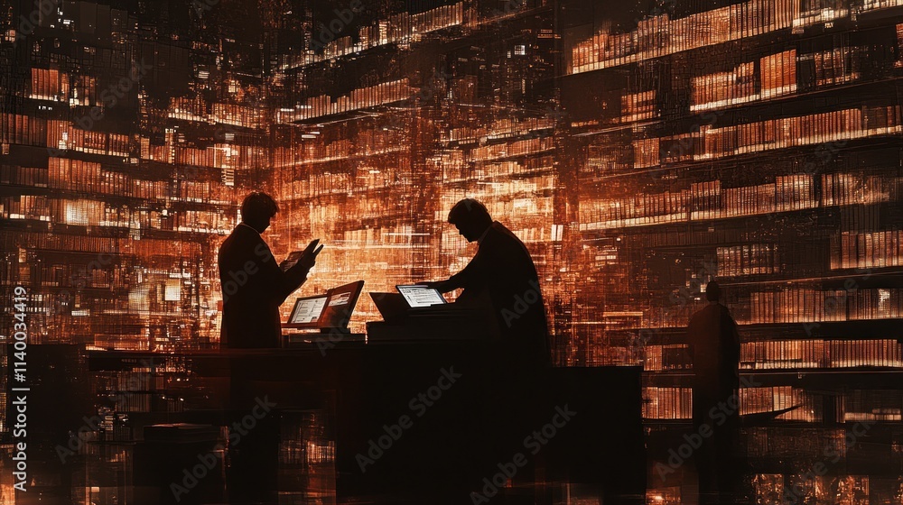 Aufkleber silhouettes of individuals interacting with technology against a backdrop of digital data.