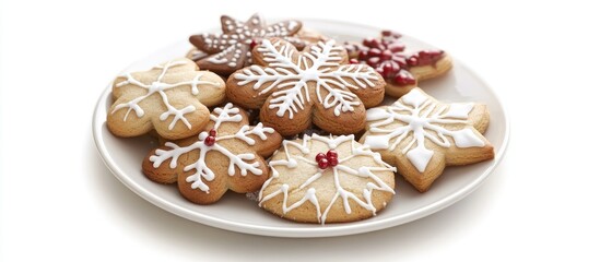 Fototapeta premium Christmas cookies arranged on a decorative plate showcasing festive designs against a clean white background for holiday-themed visuals