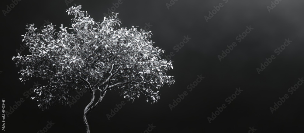 Poster adorned tree in cool tones gracefully positioned against a dark backdrop with selective focus creati