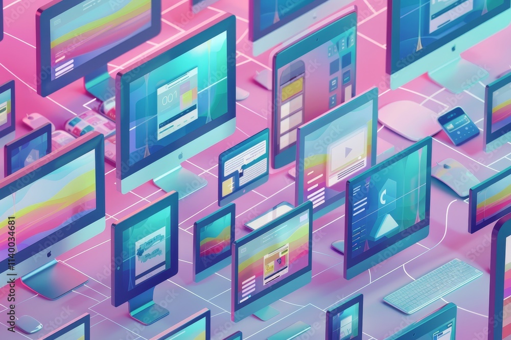 Poster an organized grid of computers and tablets, illustrating a diverse collection of digital devices in 