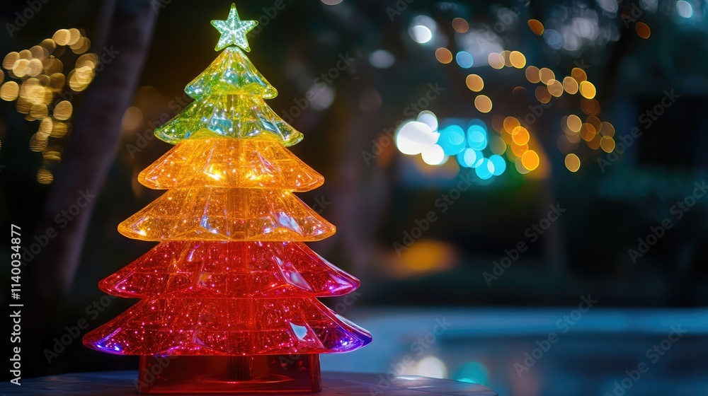 Poster colorful illuminated christmas tree surrounded by festive bokeh lights creating a joyful celebration
