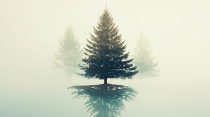 Creative double exposure of a Christmas tree with a serene foggy reflection in a tranquil landscape setting.