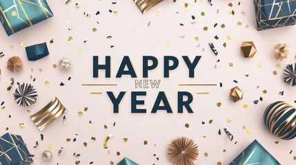 Happy New Year Modern New Year Celebration with Navy Blue Letters, Gift Boxes, and Festive Decorations on a Pink Background