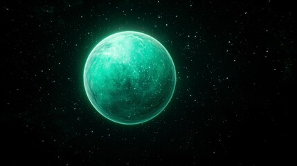 Fototapeta premium Glowing Green Planet in Dark Nebula Cosmic Space Background