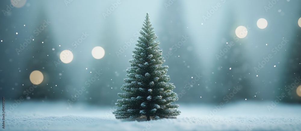 Poster winter wonderland with a christmas tree surrounded by soft bokeh lights and gentle snowfall in a ser