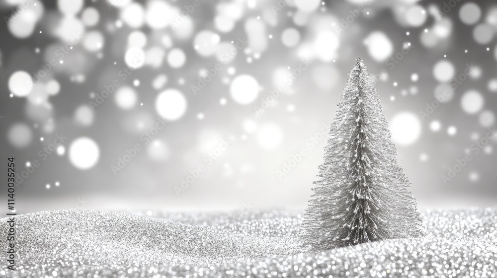 Poster silver glittery christmas tree on a snowy background with soft bokeh lights creating a magical festi