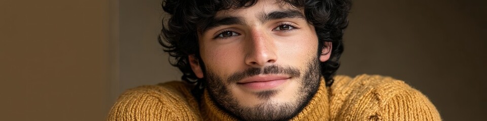 A close-up portrait of a young man with curly hair, smiling warmly.