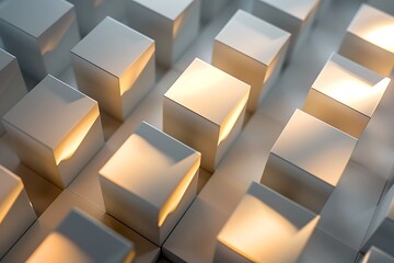 Frosted glass and matte cubes in varying sizes, arranged in a sleek geometric pattern with soft lighting, A collection of white cubes stacked together.
