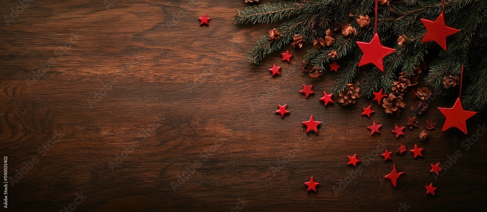 Poster christmas decoration background with fir tree branches red stars and wooden table view from above cr