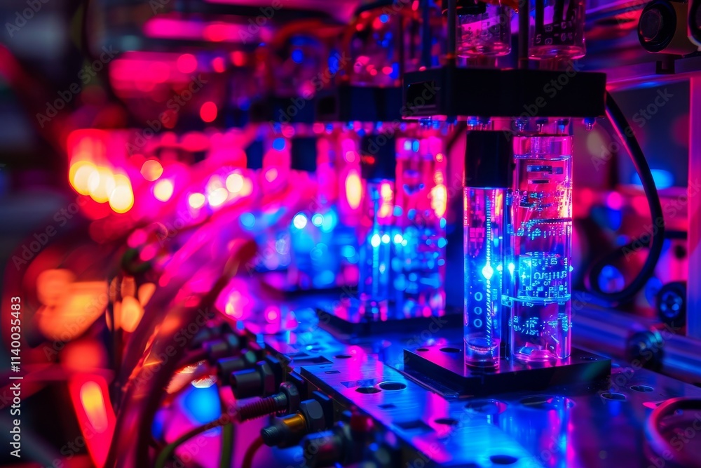 Poster a complex machine featuring numerous tubes, each containing various colored liquids, showcasing intr