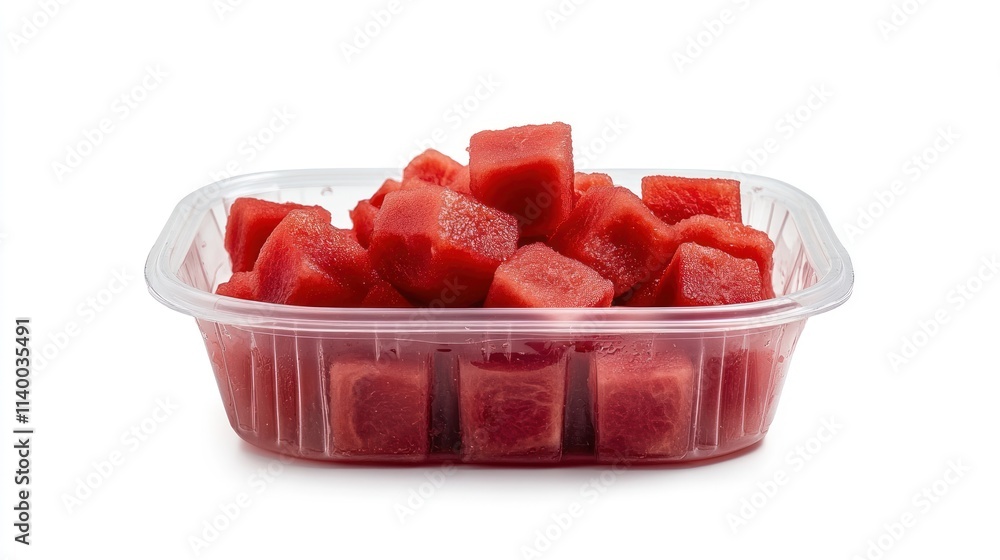 Poster a container filled with cubed watermelon pieces, ready for consumption.