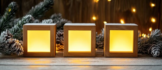 Rustic Christmas light boxes on wooden surface with snowy wreath and decorations creating a warm holiday ambiance and space for text.