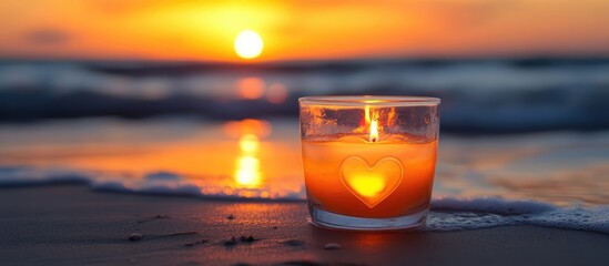 Sunset celebration by the beach with a glowing candle in heart shape reflecting on the sand and ocean waves creating a romantic atmosphere