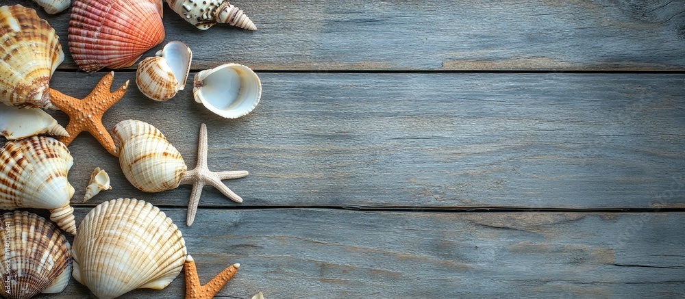 Aufkleber close up of a notepad and sea shells on wooden planks creating a serene coastal ambiance with ample 