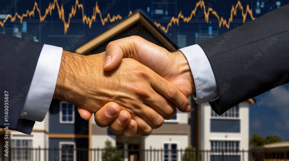 Poster a handshake symbolizes a business agreement over a background of a house and financial graphs.