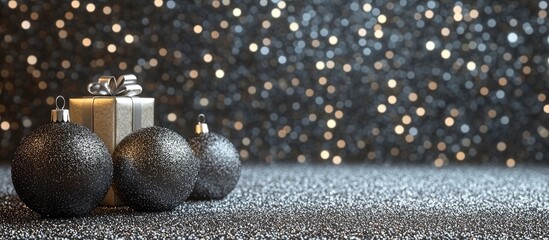 Christmas decorations with glittery silver background featuring ornaments and wrapped presents...