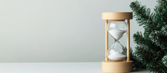 Christmas tree and hourglass symbolizing time and celebration in a minimalist setting with white background