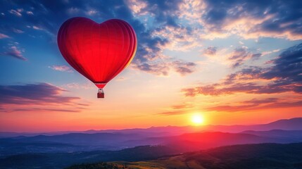 Fototapeta premium Romantic Hot Air Balloon in Heart Shape Against Sunset Sky