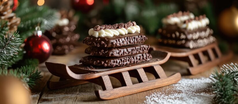 Festive chocolate decorated Christmas cookies on wooden sleds with holiday garlands and spruce branches in a cozy seasonal setting