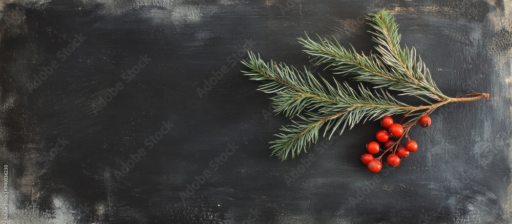 Poster chalkboard background featuring fir branch and rowan berries for creating seasonal captions or festi
