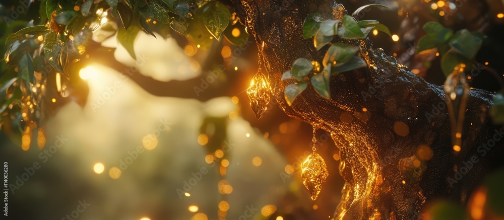 Poster close up shot of tree adorned with sparkling light and dew creating a magical atmosphere in nature's