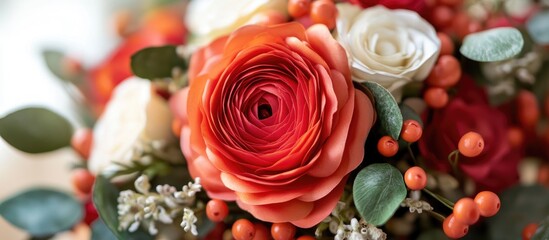 Artificial bouquet closeup showcasing a vibrant red rose with delicate greenery and soft bokeh background for floral decoration themes