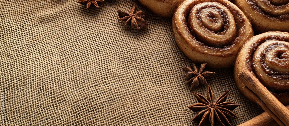 Poster homemade cinnamon rolls arranged on jute canvas complemented by cinnamon sticks and anise creating a