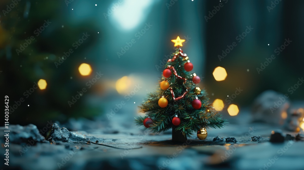 Poster miniature christmas tree adorned with colorful ornaments and a star, set against a blurred festive b