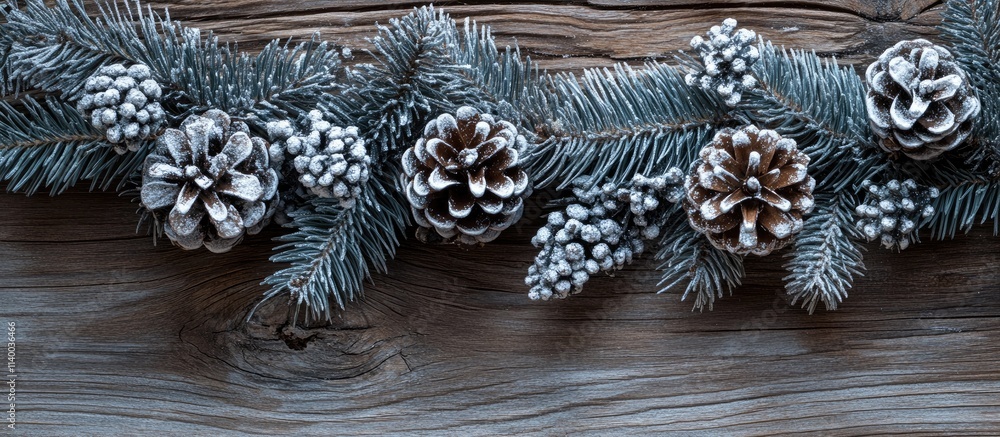 Poster christmas decorations with fir branches and pine cones on rustic wood background festive banner with
