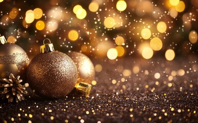 Fototapeta premium Glittering Gold Christmas Ornaments On Sparkling Surface