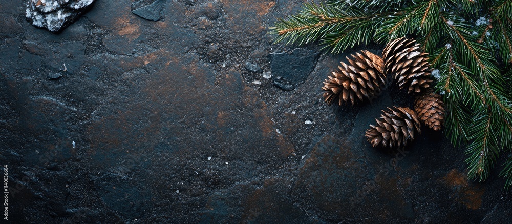 Poster christmas decorative background with pine cones tree branch and empty space on dark textured surface