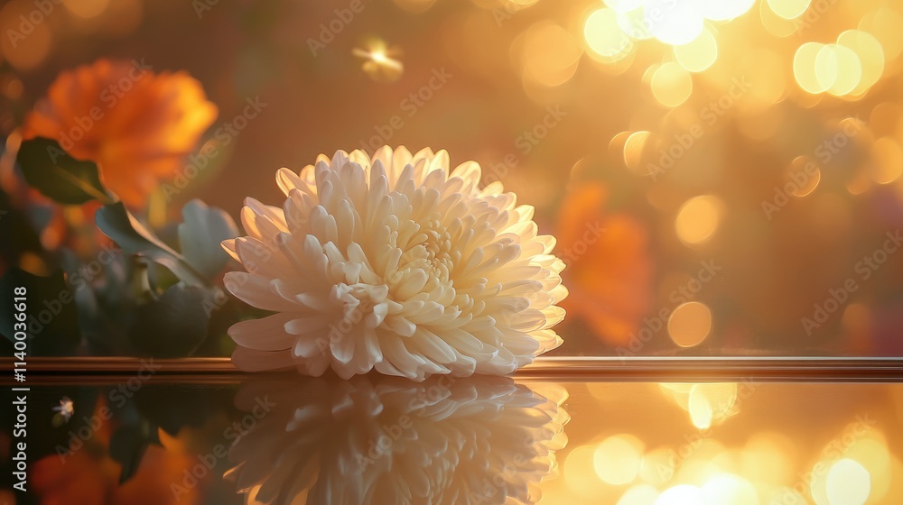 Poster chrysanthemum flower reflection on a mirror with warm light and bokeh background capturing serene be