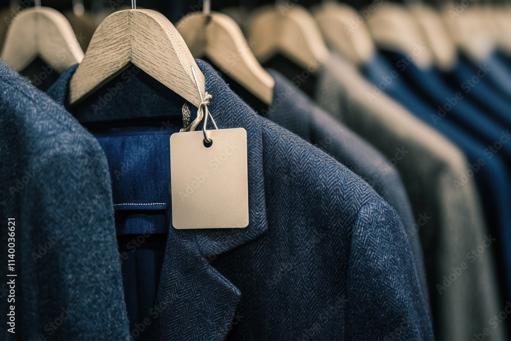 Poster a display of tailored jackets on hangers, showcasing fabric textures and a price tag.