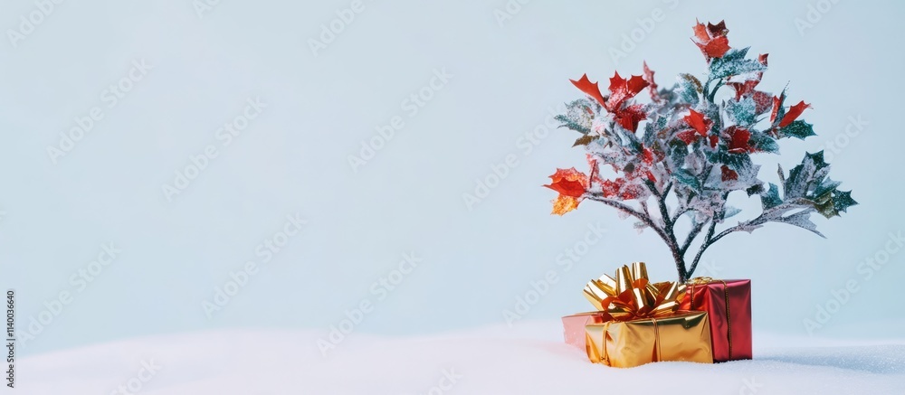 Aufkleber close up of decorative foil presents and a small festive tree on a clean white background with an em
