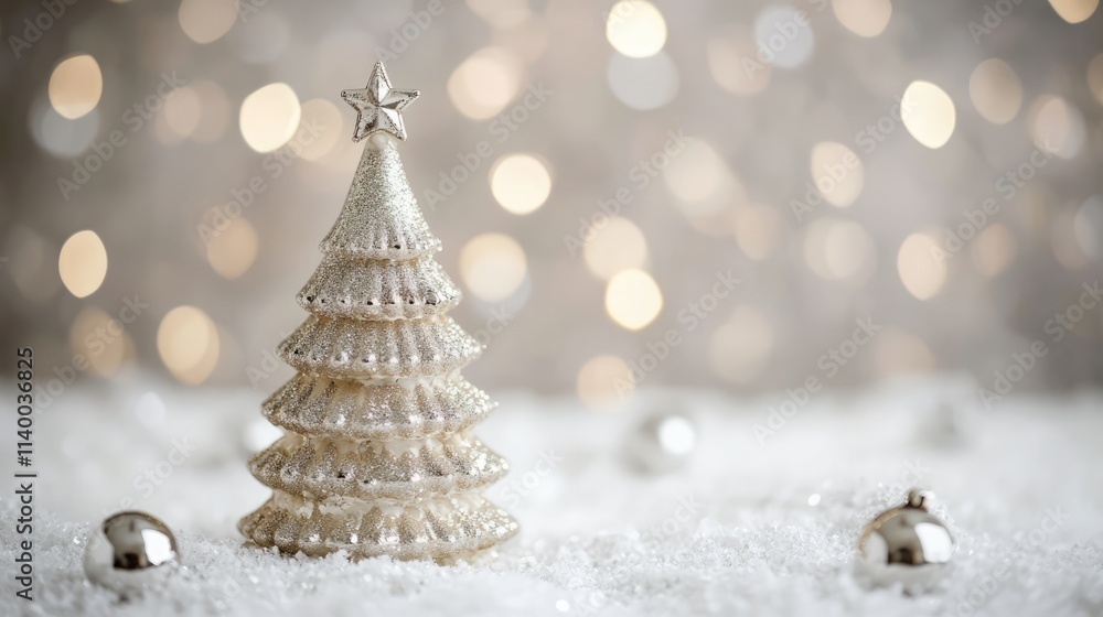 Poster silver glitter christmas tree on snowy surface with abstract bokeh background creating a festive hol