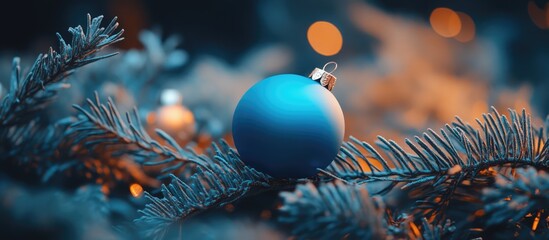 Festive blue Christmas ornament hanging on a pine branch with soft glowing lights in the background creating a warm holiday atmosphere