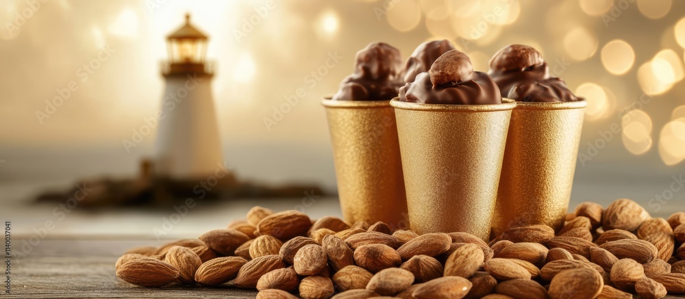 Poster chocolate covered almonds in golden cups with lighthouse backdrop and soft bokeh lighting for elegan