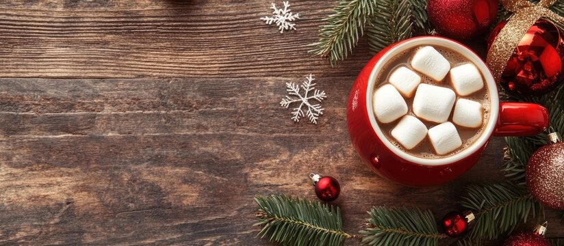 Cozy Christmas coffee mug topped with marshmallows surrounded by festive decorations on a rustic wooden background. - Powered by Adobe