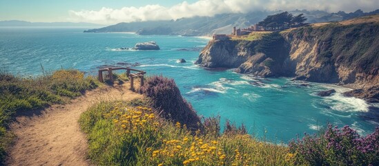 Scenic coastal view featuring a historic castle overlooking the ocean with lush greenery and vibrant wildflowers in the foreground.